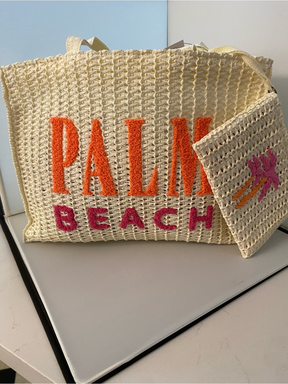Sonoma Cream Woven 'PALM BEACH' Tote with Orange and Pink Accents